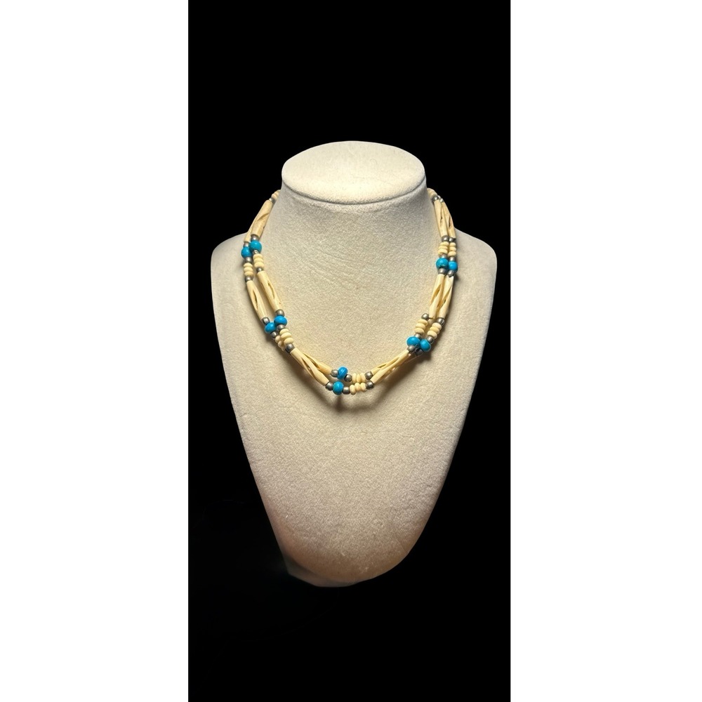 Southwest Native American Theme Boho Choker Necklace Double Strand Turquoise VTG - Picture 2 of 4
